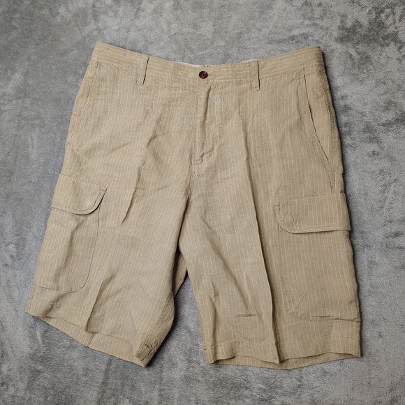Tommy Bahama Cargo Shorts Mens 32 Tan White Striped Linen Snap Pocket 10" inseam - Picture 1 of 14
